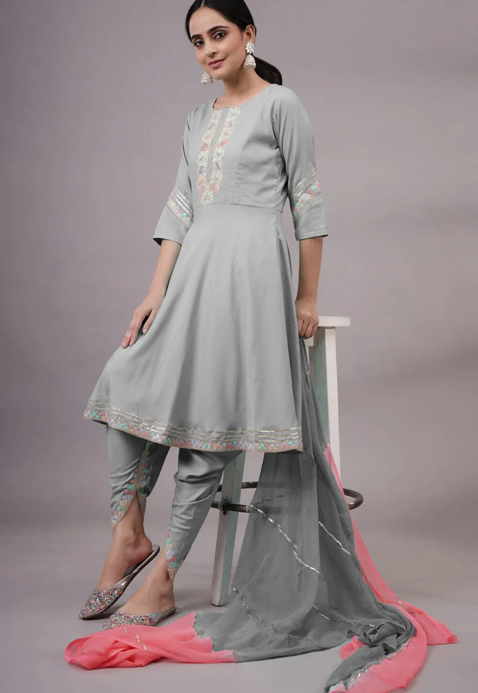 Embroidered Rayon Punjabi Suit in Grey