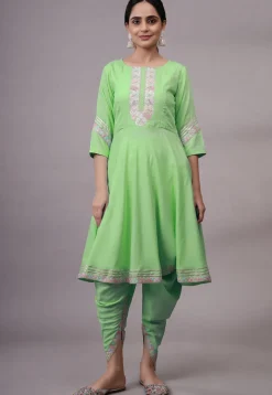 Embroidered Rayon Punjabi Suit in Light Green
