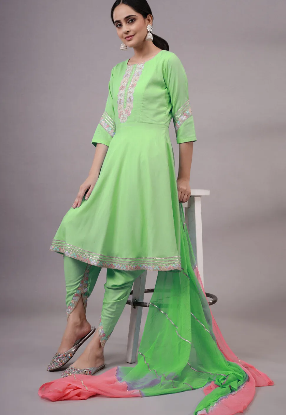 Embroidered Rayon Punjabi Suit in Light Green
