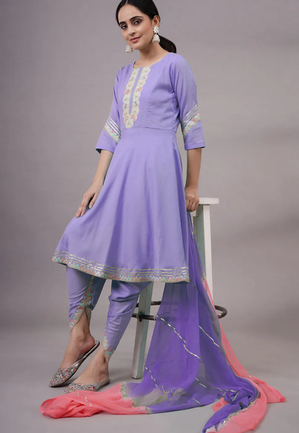 Embroidered Rayon Punjabi Suit in Purple