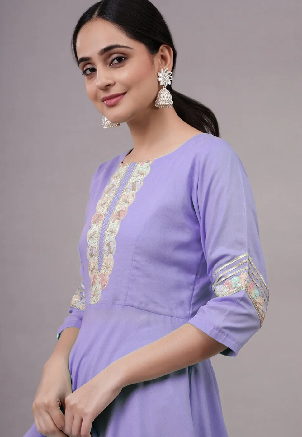 Embroidered Rayon Punjabi Suit in Purple