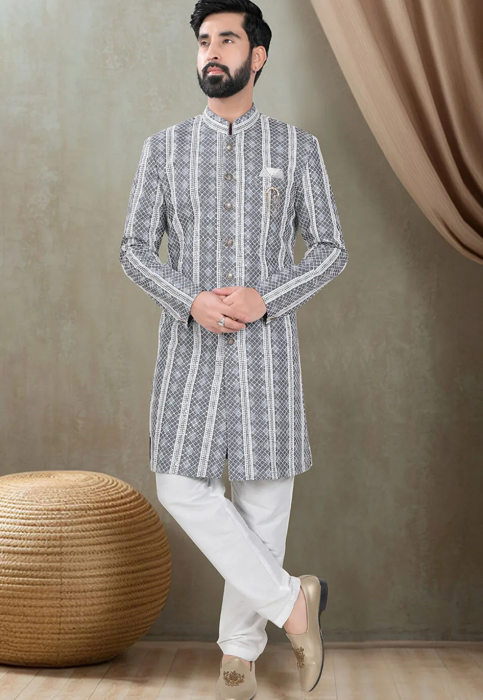 Embroidered Rayon Sherwani in Grey