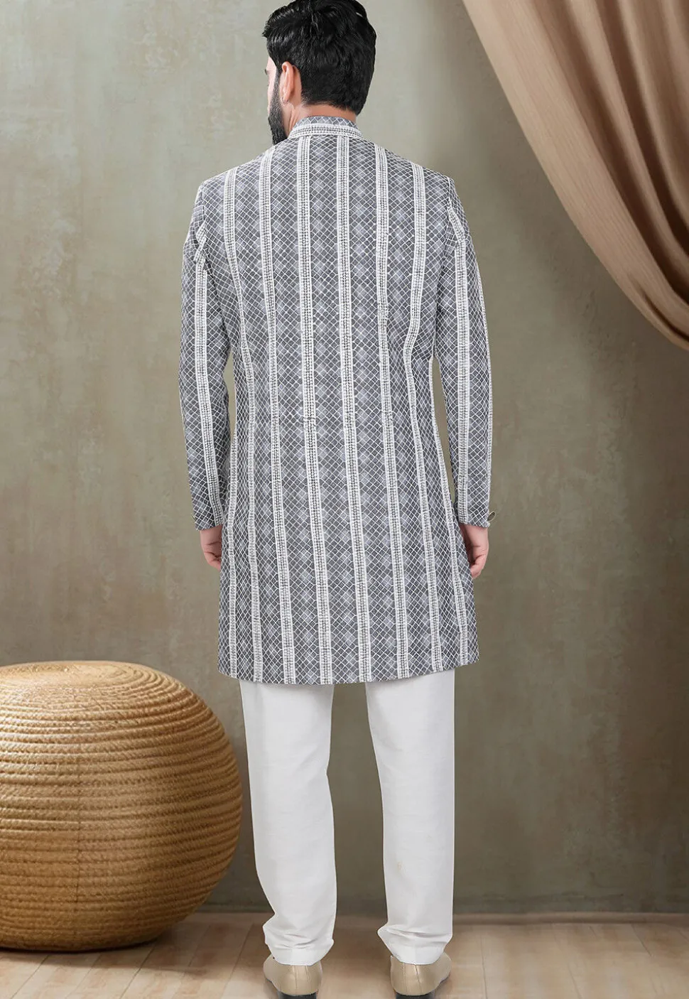 Embroidered Rayon Sherwani in Grey
