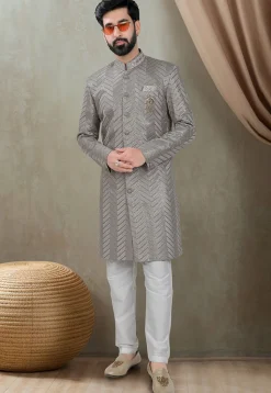 Embroidered Rayon Sherwani in Grey