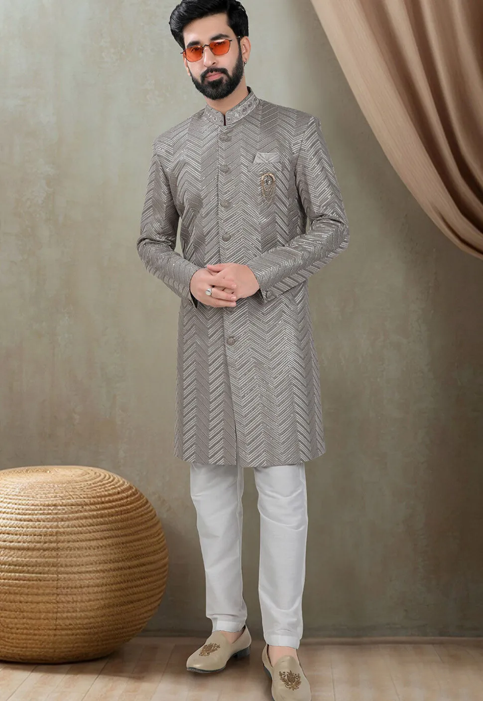 Embroidered Rayon Sherwani in Grey