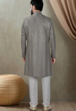 Embroidered Rayon Sherwani in Grey