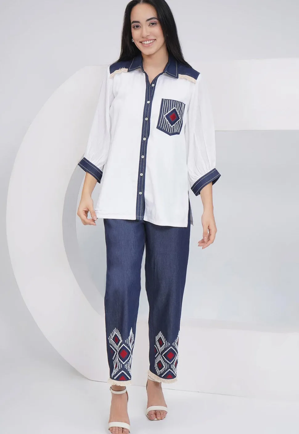Embroidered Rayon Shirt Set in Off White