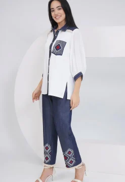 Embroidered Rayon Shirt Set in Off White