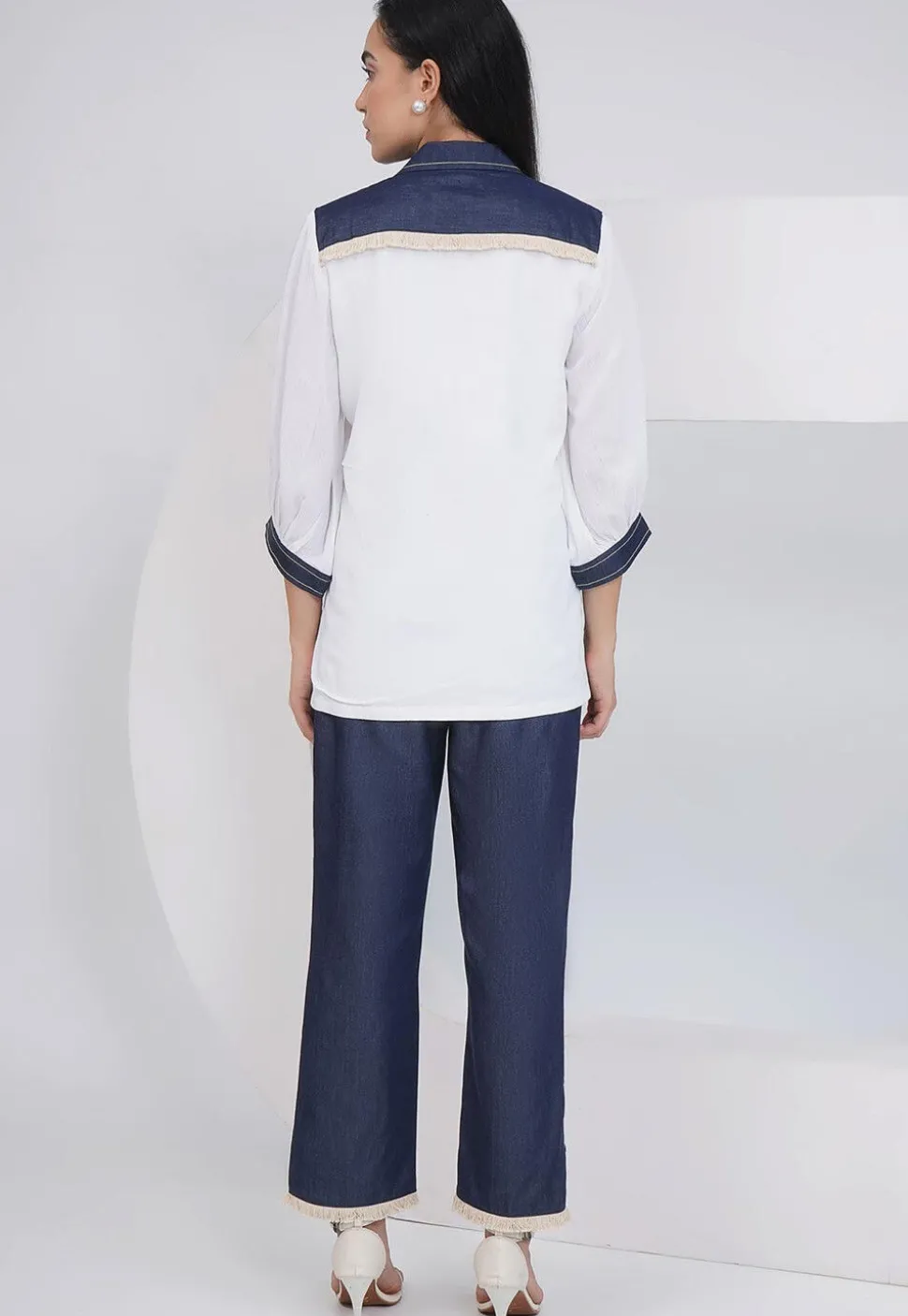 Embroidered Rayon Shirt Set in Off White