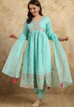 Embroidered Rayon Slub Aline Suit in Sky Blue