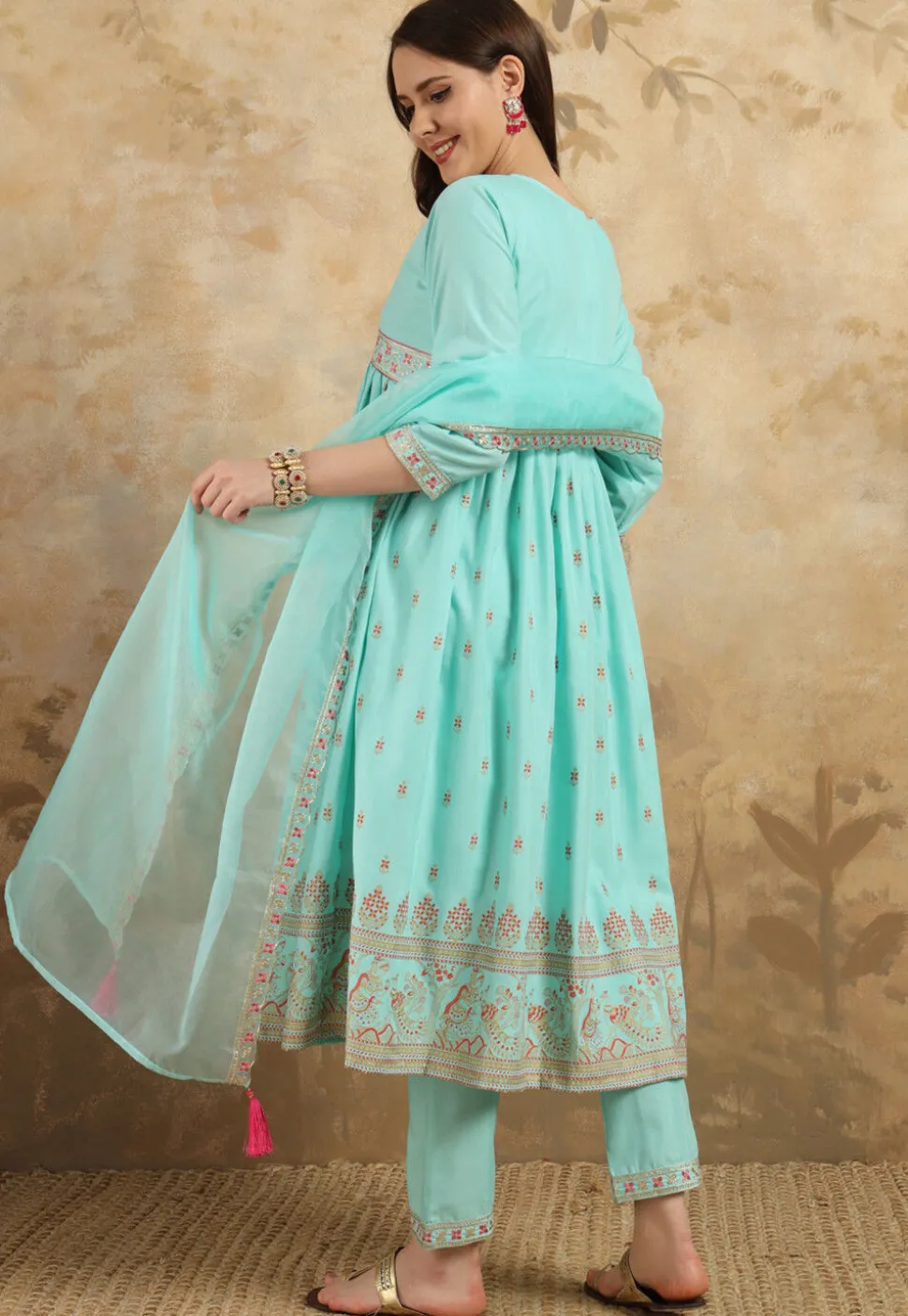 Embroidered Rayon Slub Aline Suit in Sky Blue