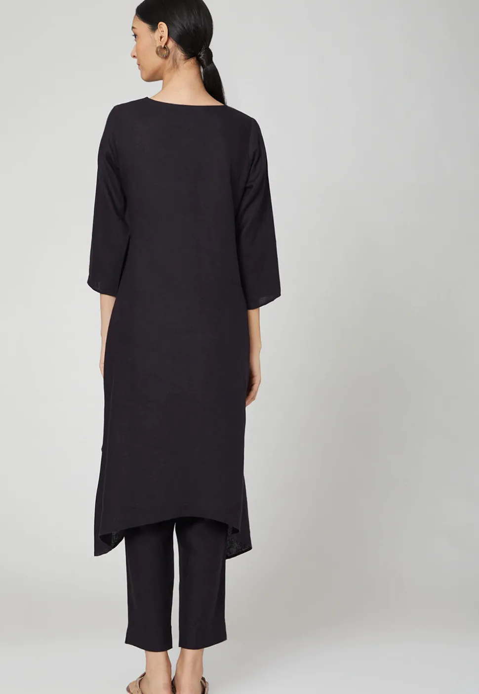 Embroidered Rayon Slub Kurta with Pant in Black