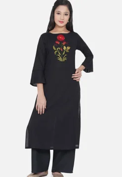 Embroidered Rayon Straight Kurta Set in Black