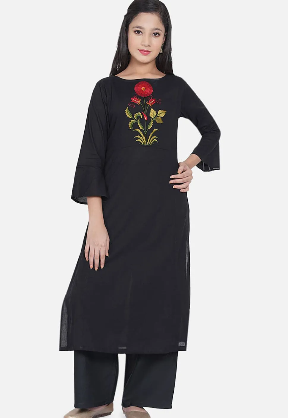 Embroidered Rayon Straight Kurta Set in Black