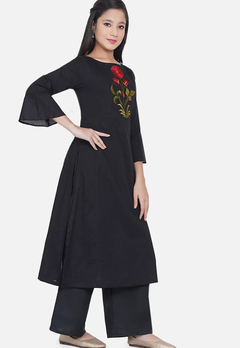 Embroidered Rayon Straight Kurta Set in Black