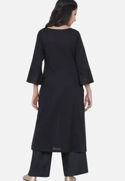 Embroidered Rayon Straight Kurta Set in Black