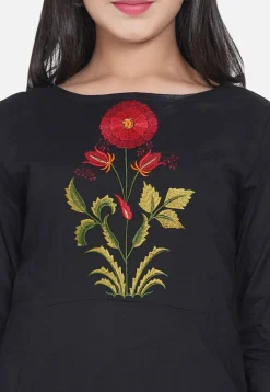 Embroidered Rayon Straight Kurta Set in Black