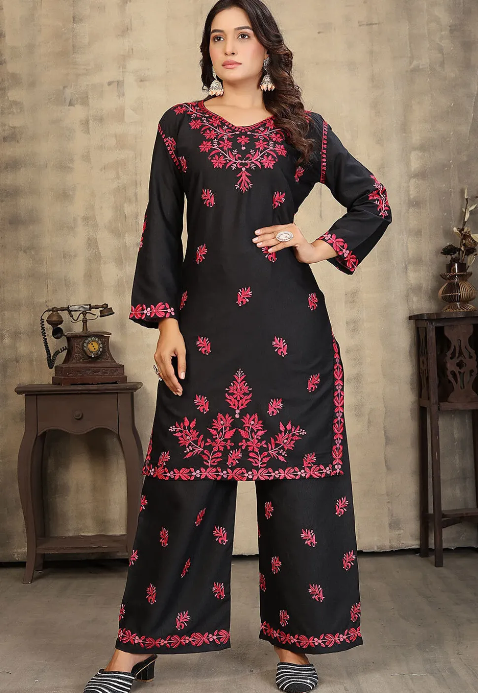 Embroidered Rayon Straight Kurta Set in Black