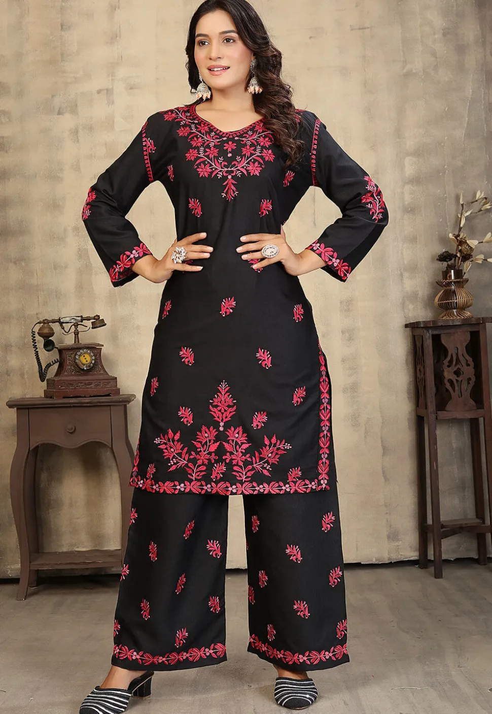 Embroidered Rayon Straight Kurta Set in Black
