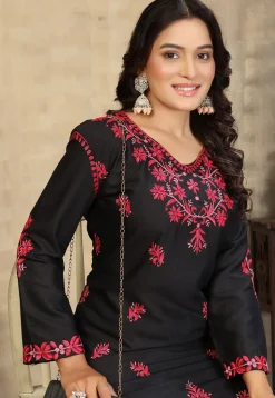 Embroidered Rayon Straight Kurta Set in Black