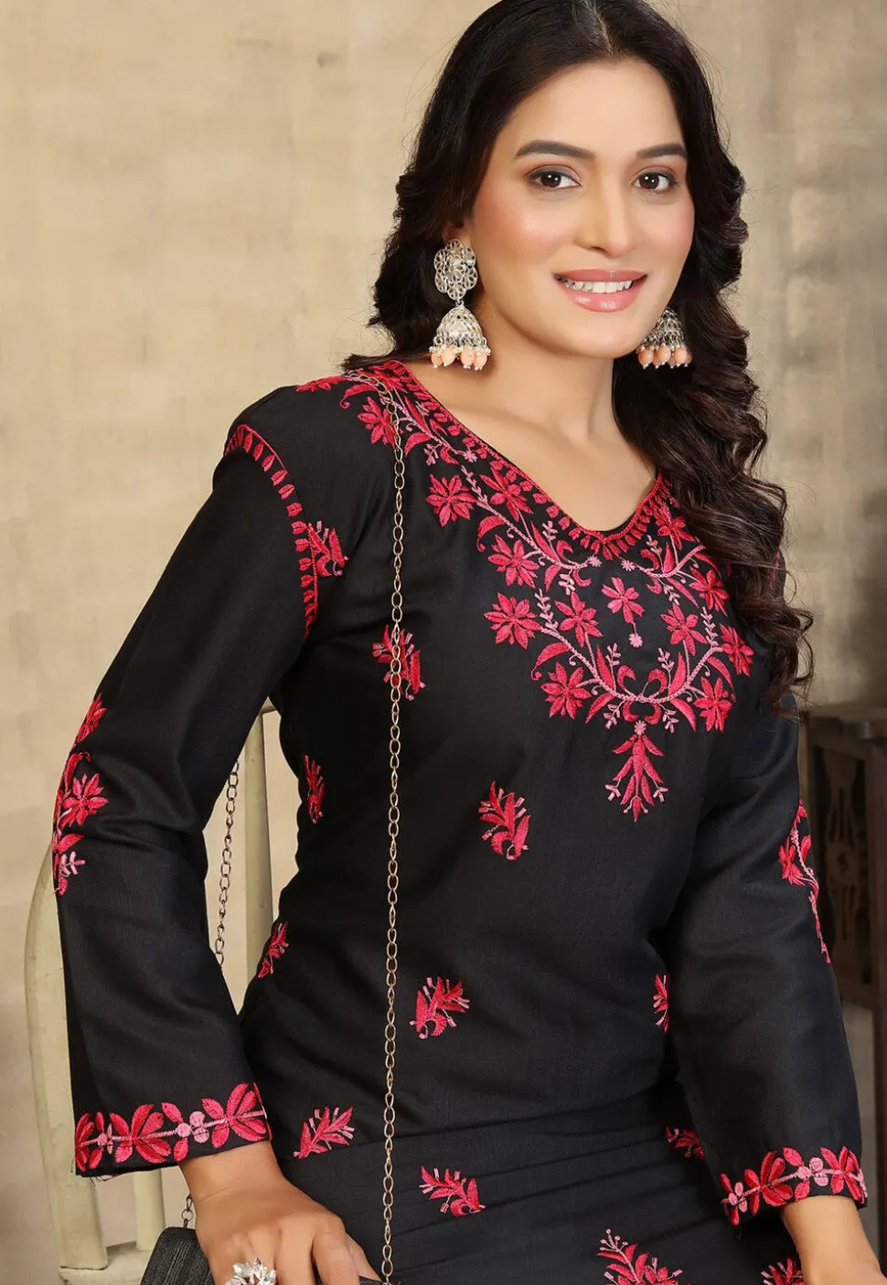 Embroidered Rayon Straight Kurta Set in Black