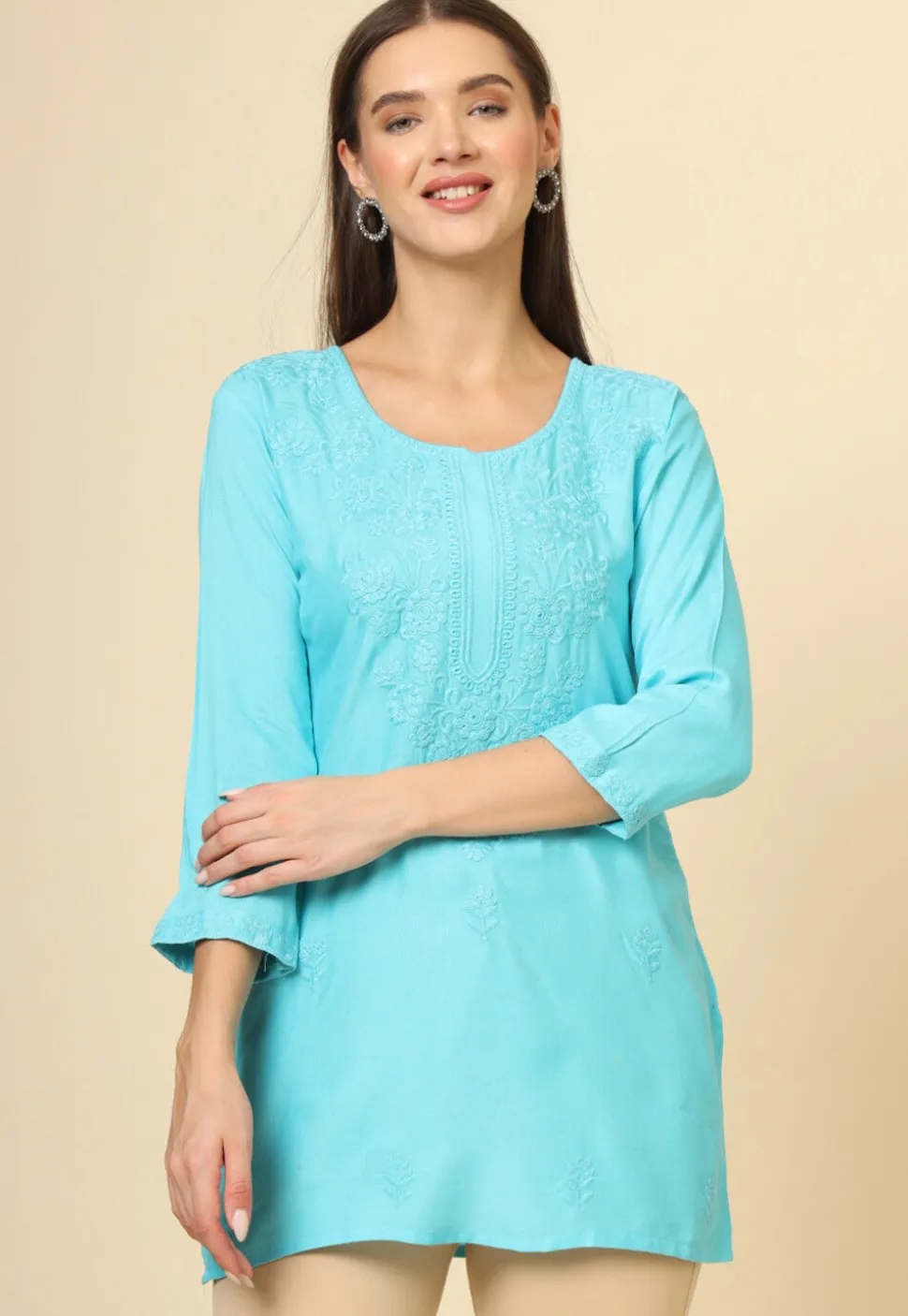Embroidered Rayon Straight Kurti in Sky Blue