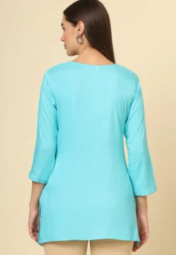 Embroidered Rayon Straight Kurti in Sky Blue