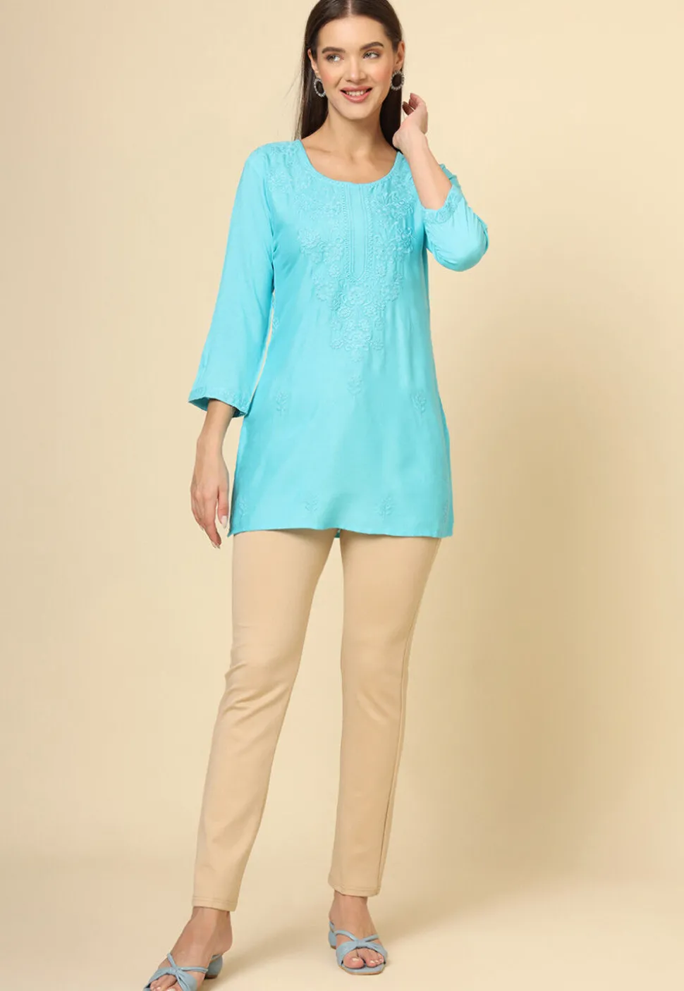 Embroidered Rayon Straight Kurti in Sky Blue