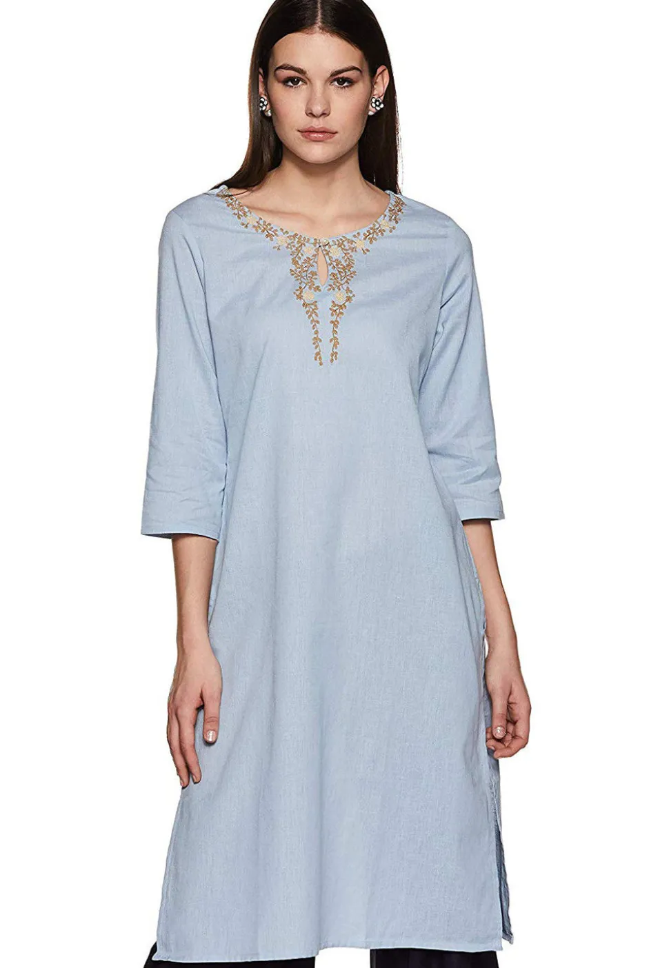 Embroidered Rayon Straight Kurti in Dusty Blue