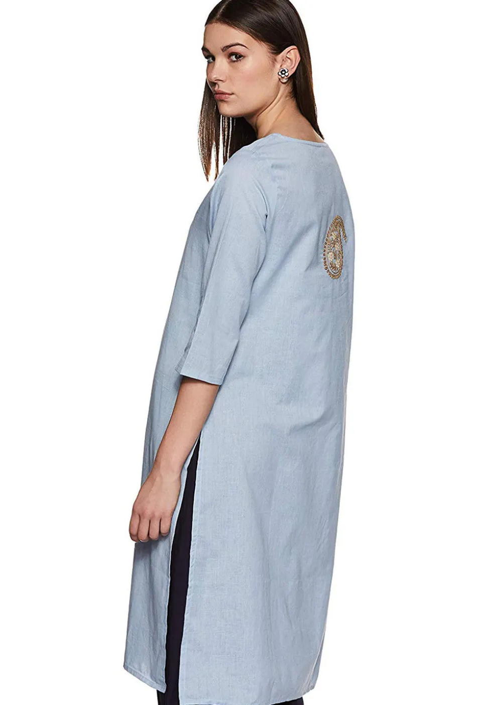 Embroidered Rayon Straight Kurti in Dusty Blue