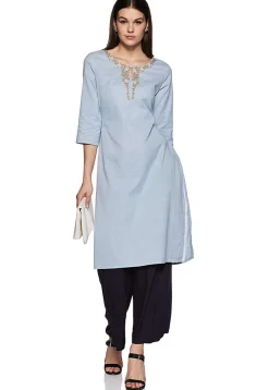 Embroidered Rayon Straight Kurti in Dusty Blue