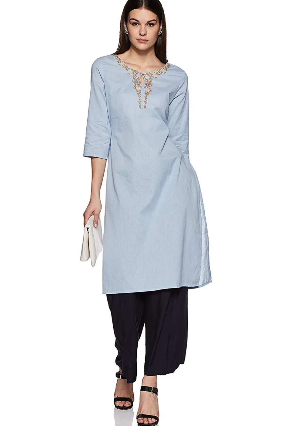Embroidered Rayon Straight Kurti in Dusty Blue