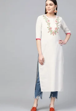 Embroidered Rayon Straight Kurta in Off White