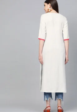 Embroidered Rayon Straight Kurta in Off White