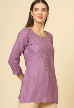 Embroidered Rayon Straight Kurti in Purple