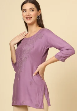 Embroidered Rayon Straight Kurti in Purple