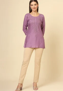 Embroidered Rayon Straight Kurti in Purple
