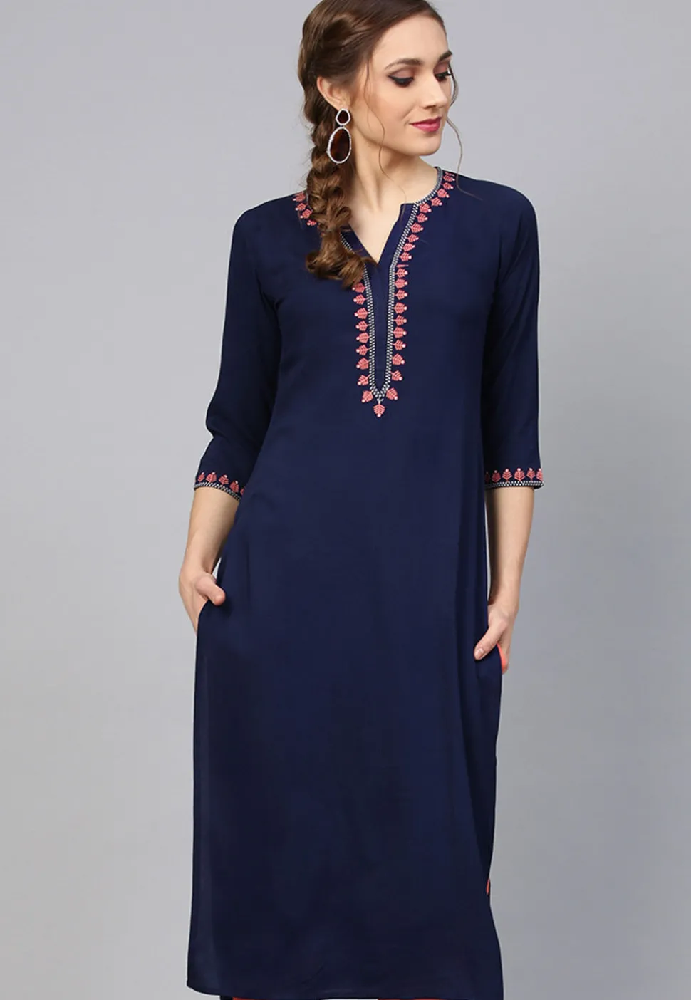 Embroidered Rayon Straight Kurta in Navy Blue