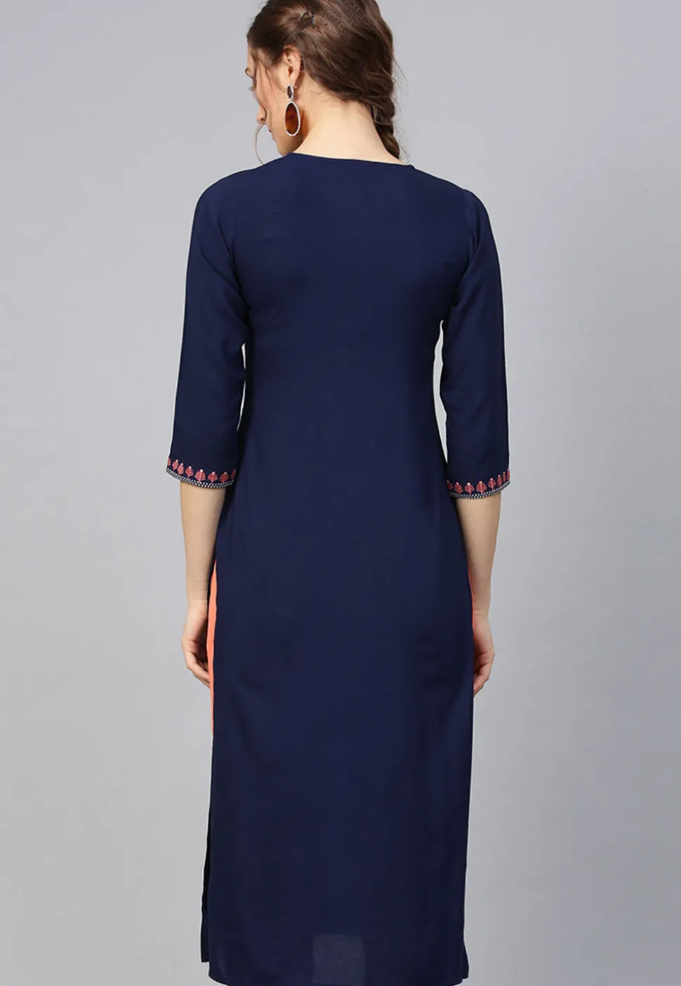 Embroidered Rayon Straight Kurta in Navy Blue