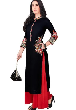 Embroidered Rayon Straight Kurta Set in Black