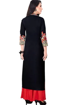 Embroidered Rayon Straight Kurta Set in Black
