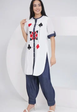 Embroidered Rayon Straight Kurta Set in Off White