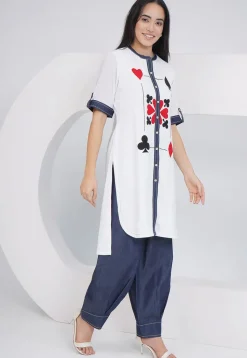 Embroidered Rayon Straight Kurta Set in Off White