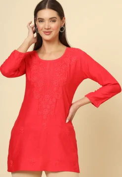 Embroidered Rayon Straight Kurti in Red