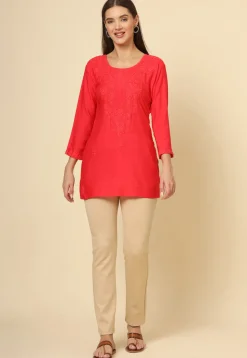 Embroidered Rayon Straight Kurti in Red