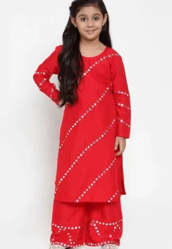 Embroidered Rayon Straight Kurta Set in Red