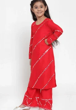 Embroidered Rayon Straight Kurta Set in Red