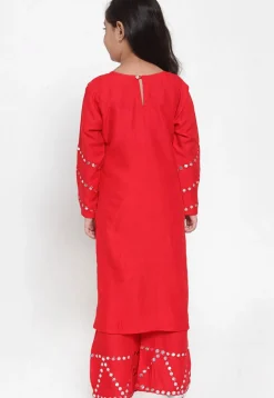 Embroidered Rayon Straight Kurta Set in Red