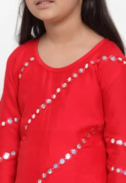 Embroidered Rayon Straight Kurta Set in Red
