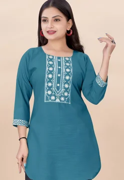 Embroidered Rayon Straight Kurti in Teal Blue